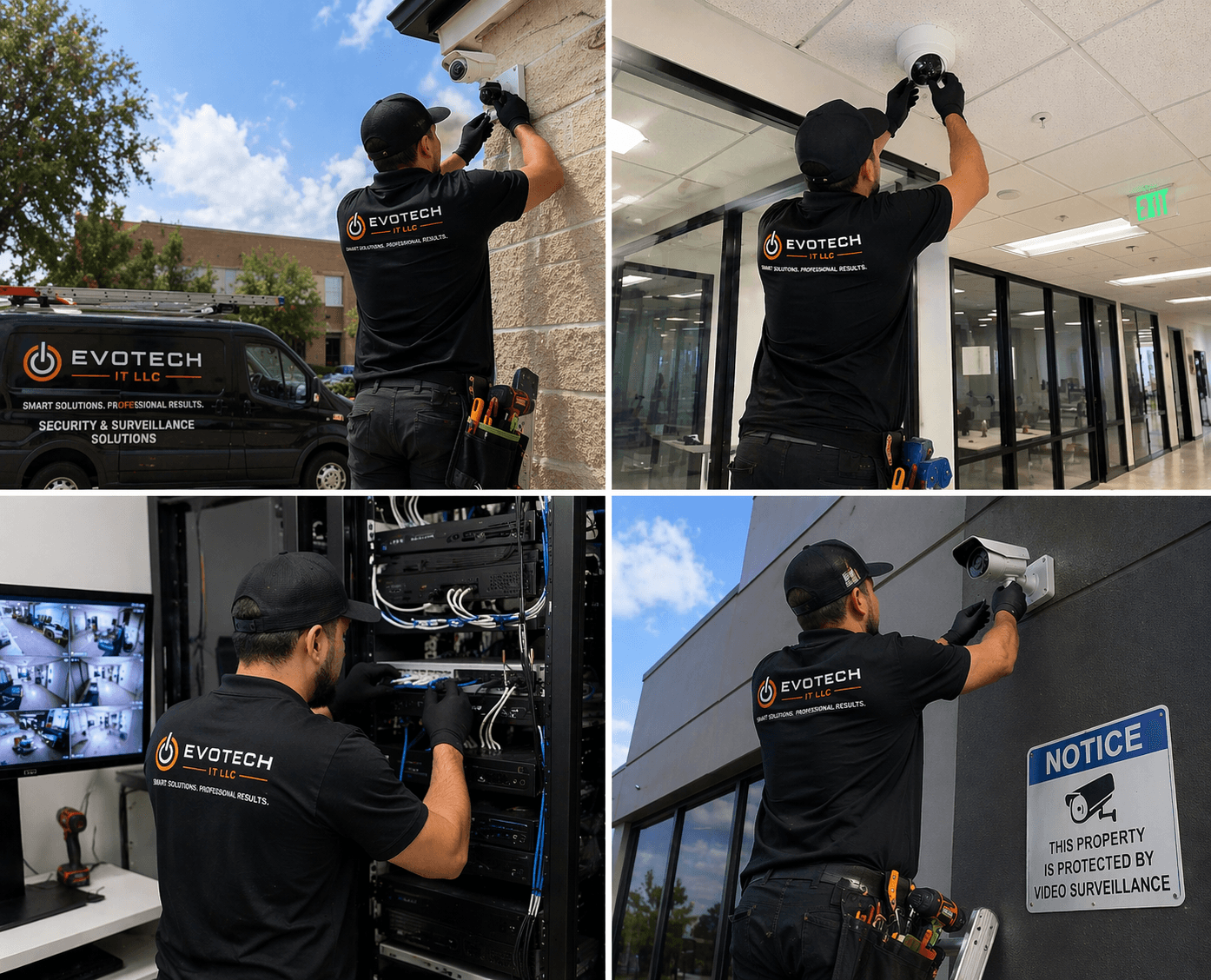 EVOTECH technicians installing indoor and outdoor security cameras, with a monitoring wall and branded service van.