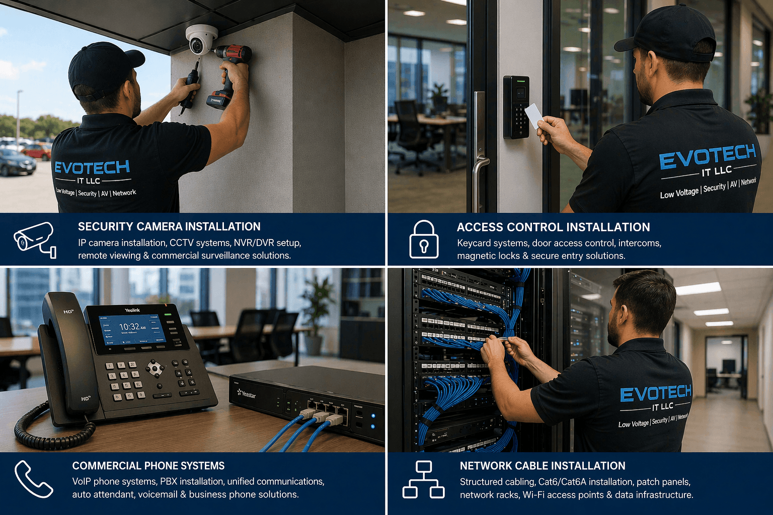 EVOTECH services overview: security cameras, access control, commercial phone systems, and network cabling.