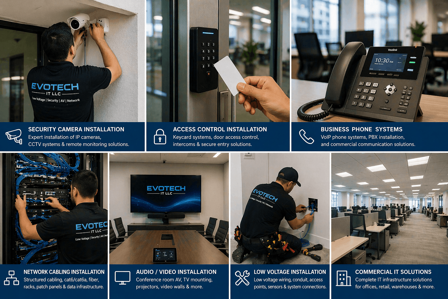 EVOTECH services overview: cameras, access control, phones, cabling, AV, low voltage, and commercial IT.