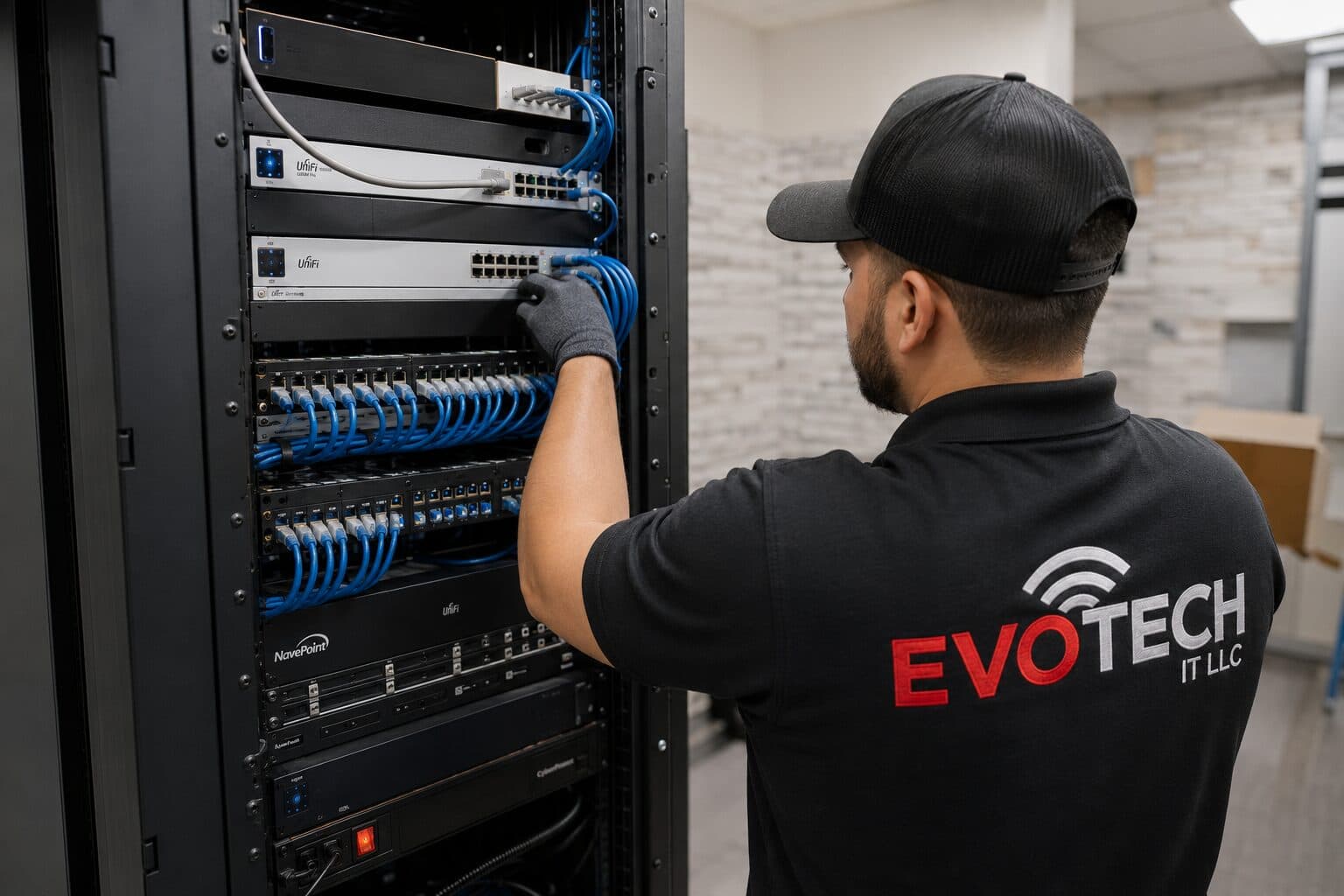 Network cabling rack installation by Evotech IT LLC technician, Houston TX