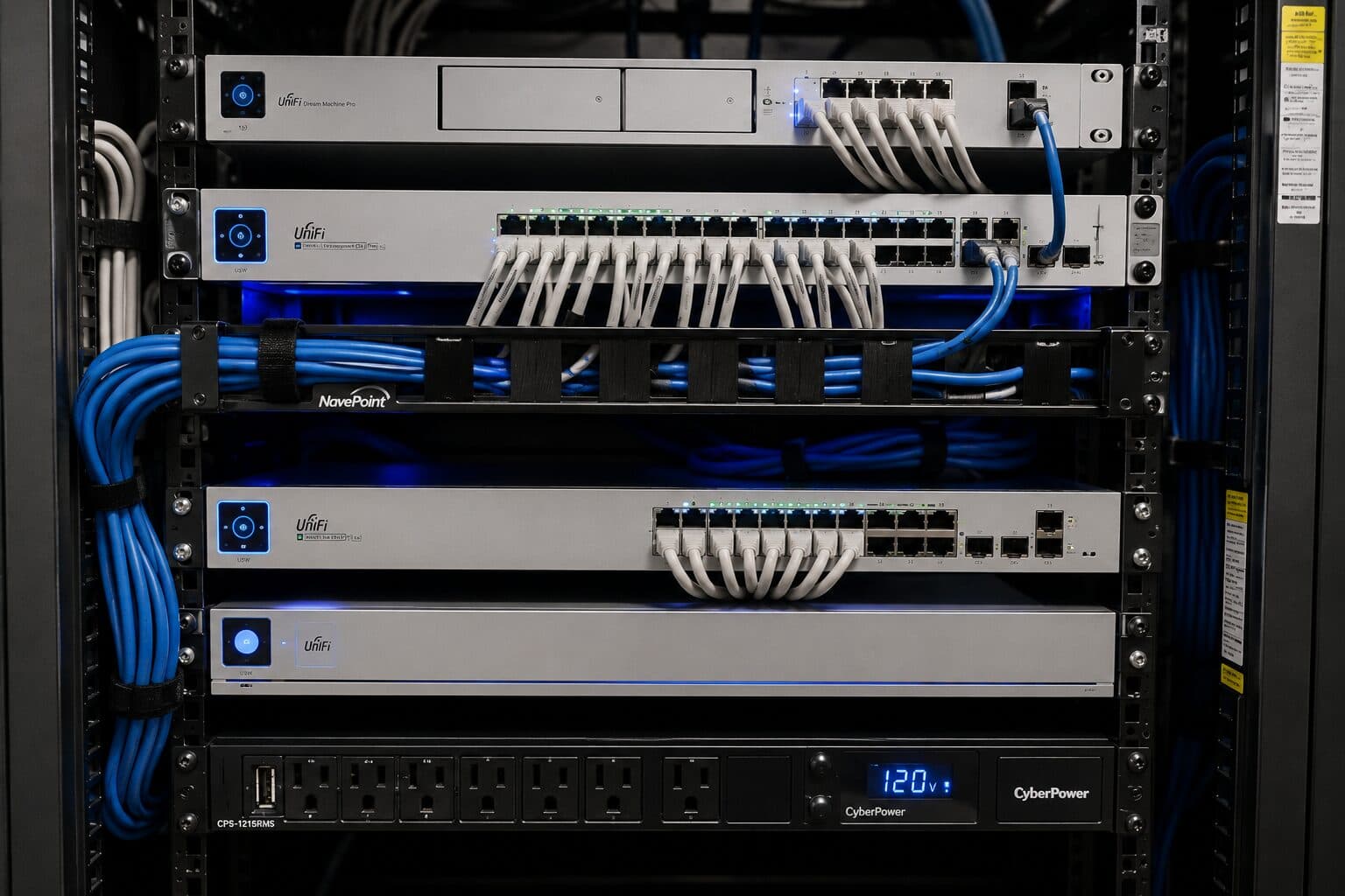 UniFi network rack with UPS and switches installed by Evotech IT, Houston