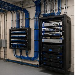 Commercial network cabinet with conduit and cable management — Evotech IT, Houston