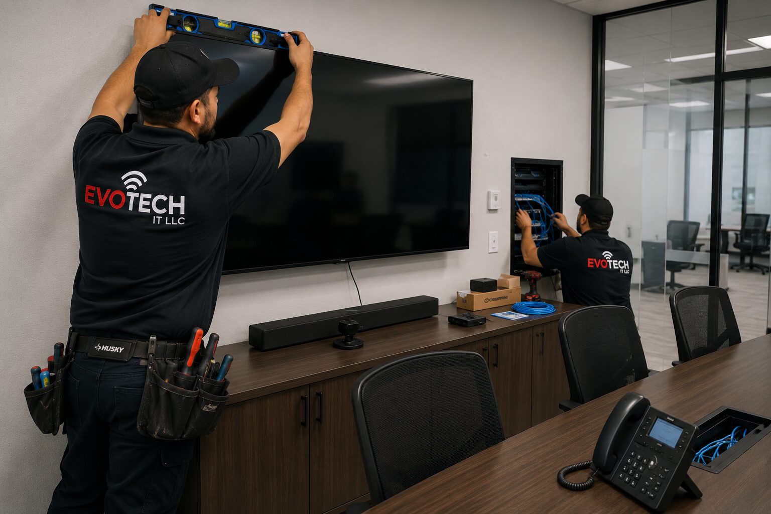 Conference room TV mount and network install by Evotech IT LLC, Houston TX