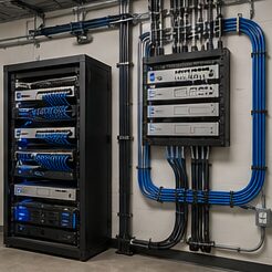 IT server rack with dressed network cabling installed by Evotech IT LLC