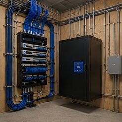 IT server rack with dressed network cabling installed by Evotech IT LLC