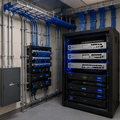 IT server rack with dressed network cabling installed by Evotech IT LLC