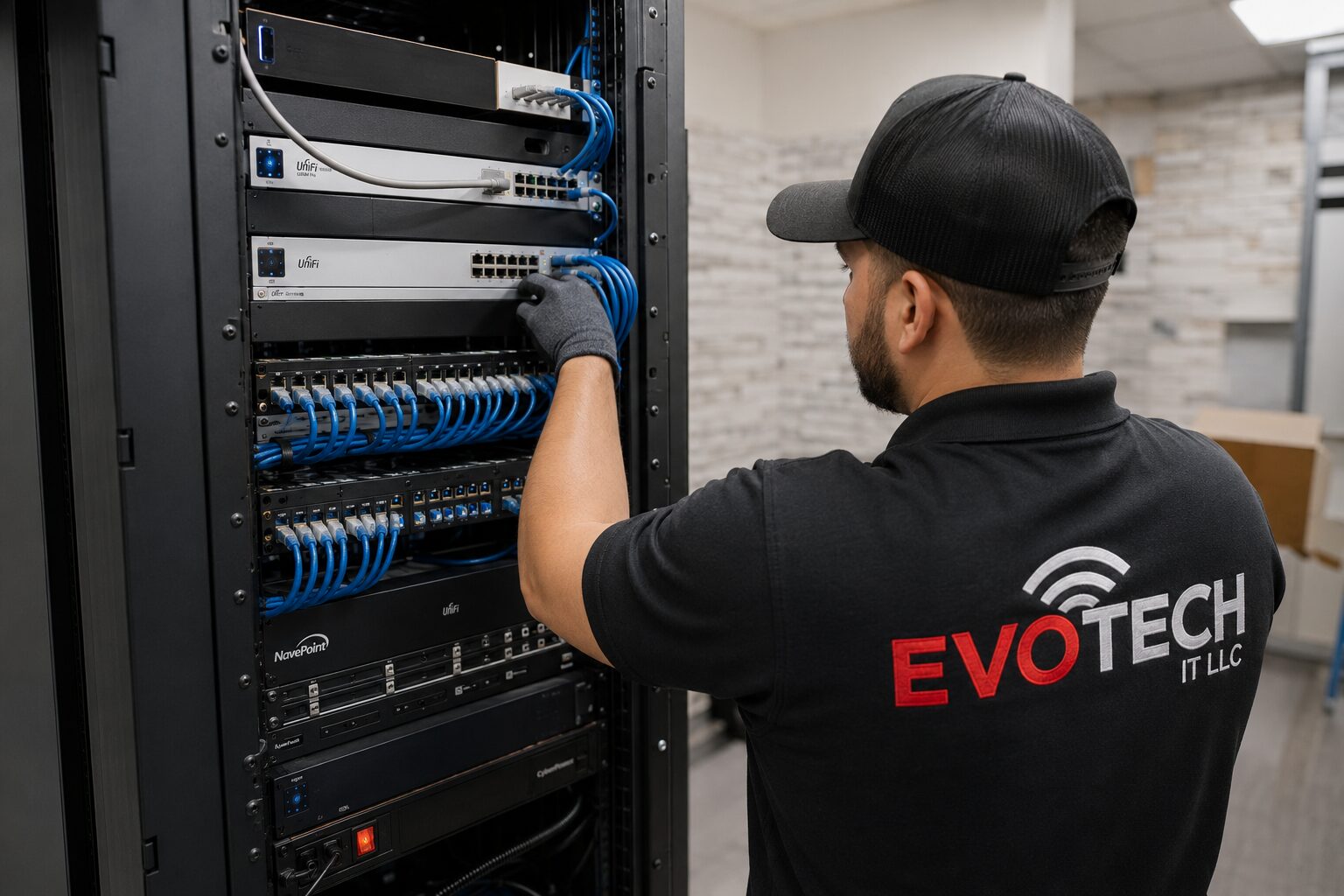 Network cabling rack installation by Evotech IT LLC technician, Houston TX
