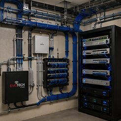 Network server rack with structured cabling installed by Evotech IT LLC, Houston TX