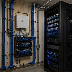 Network server rack with structured cabling installed by Evotech IT LLC, Houston TX