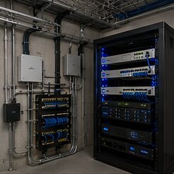 Network server rack with structured cabling installed by Evotech IT LLC, Houston TX