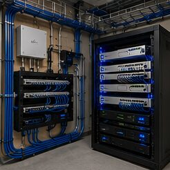 Network server rack with structured cabling installed by Evotech IT LLC, Houston TX