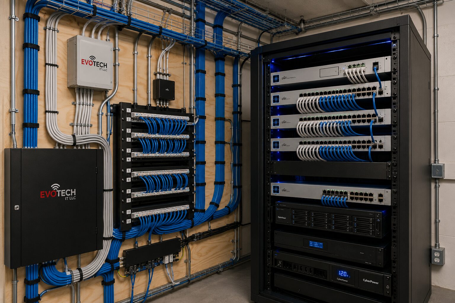 Structured cabling room with patch panels and network rack — Evotech IT LLC, Houston TX