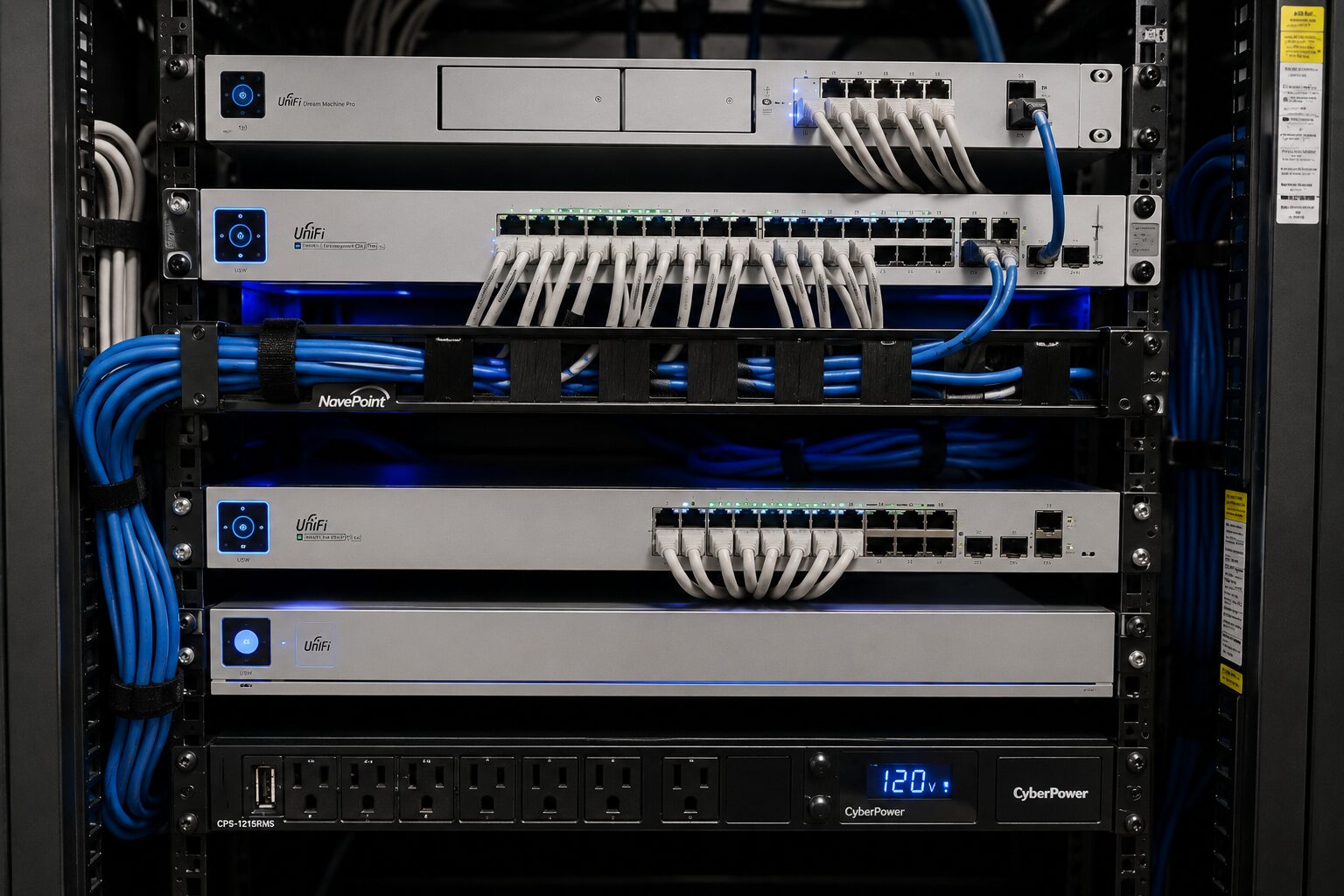 UniFi network rack with UPS and switches installed by Evotech IT, Houston
